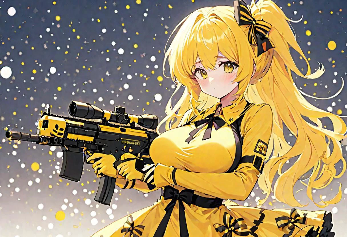 safe_pos, anime artwork image of a yellow hair anime girl holding a black and yellow mistletoe machine gun, Christmas decoration, waifu, style-psycho, pastel_style, HD, best quality, high quality, aesthetic, yellow clothing, masterpiece, studio anime, large breast, high detail, wallpaper, dramatic, vivid colors, anime style, key visual, vibrant, studio anime, highly detailed, studio, beautiful, snowy landscape background