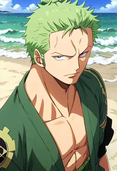 Close Portrait Rononoa zoro Green clothes in beach