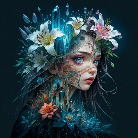 mysterious world at the big eye, flower, crystal, by Minjae Lee, Carne Griffiths, Emily Kell, Steve McCurry, Geoffroy Thoorens, Aaron Horkey, Jordan Grimmer, Greg Rutkowski, amazing depth, ais-ghostly single lily in the style of an X-ray, on a dark bokeh background