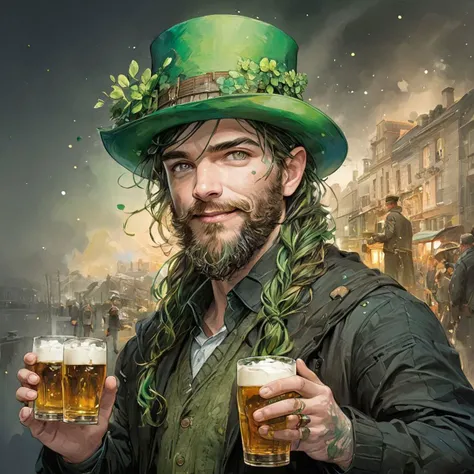 A cheerful individual donning a green hat, embellished with shamrocks, holding a pint of stout, with a faint rainbow and a pot of gold in the background, by Minjae Lee, Carne Griffiths, Emily Kell, Steve McCurry, Geoffroy Thoorens, Aaron Horkey, Jordan Grimmer, Greg Rutkowski, amazing depth,high resolution,