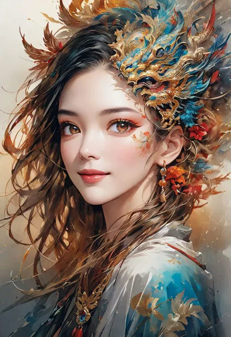 Woman wearing Chinese dragon mask shows half of her face to the audience and smiles,by Minjae Lee, Carne Griffiths, Emily Kell, Steve McCurry, Geoffroy Thoorens, Aaron Horkey, Jordan Grimmer, Greg Rutkowski, amazing depth,high resolution, ink painting