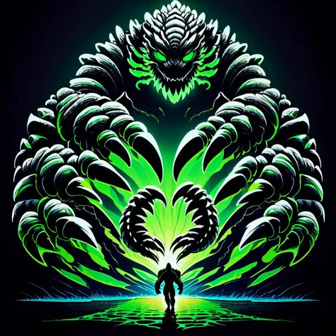 black background, body markings, claws, giant, giant monster, glowing, glowing eyes, glowing markings, glowing veins, green eyes, kaijuu, monster, poster, neon trim, no humans, no pupils, sea monster, shell, show poster, silhouette, simple background, teaser poster, turtle, turtle shell, tusks, two-tone background, veins <lora:Dall-e_3_0.2-000006:1>