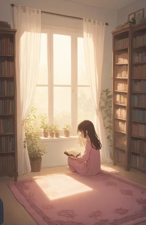 High Resolution✨, Clear🌟, Brilliant Resolution💫, Sharp Resolution🔥 a Girl, hand-drawn, interior, probably her room with bookcase, window and small plants, bright light from the window, warm color palette of pinks and blues
Calm and immersed in her own world, the girl is sitting on the carpet with her head slightly turned to the side and a book in her hand, in the background is her room with light sunlight streaming in through the curtains.