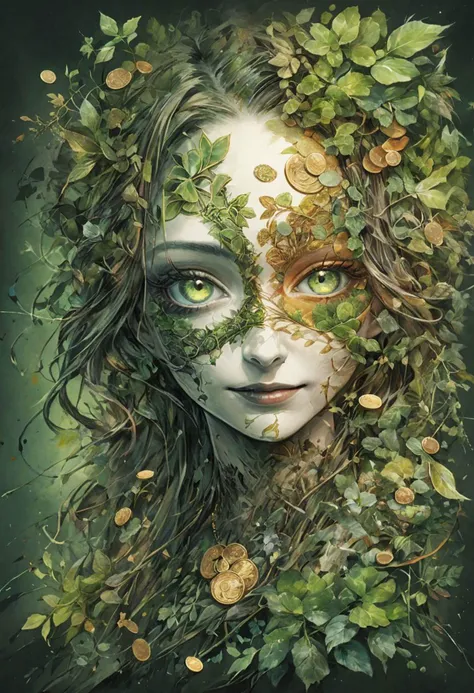 Woman wearing four leaf clover mask shows half of her face to the audience and smiles,by Minjae Lee, Carne Griffiths, Emily Kell, Steve McCurry, Geoffroy Thoorens, Aaron Horkey, Jordan Grimmer, Greg Rutkowski, amazing depth,high resolution, ink painting, green theme, vines, clover leaves and some gold coins,