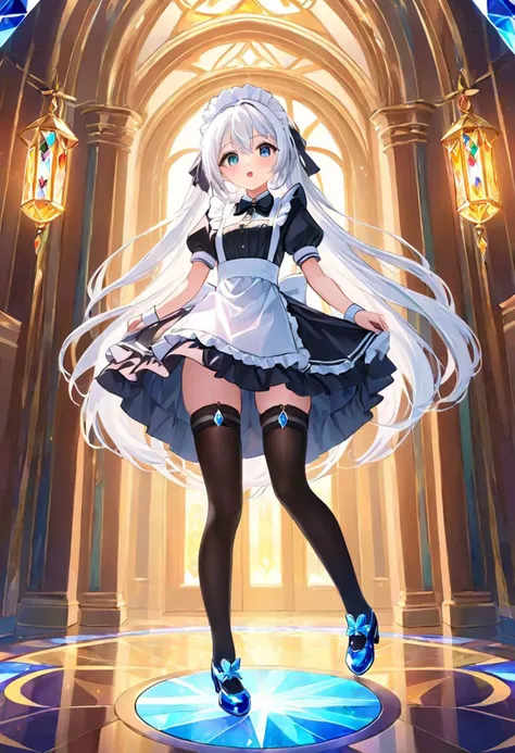 anime style, maid outfit, long straight white hair, {{black thigh-high stockings}}, crystal shoes, girl, cute, skirt with an appropriate short length, detailed eyes and face, vibrant colors, high-quality illustration, cute expression, detailed background, fantasy setting