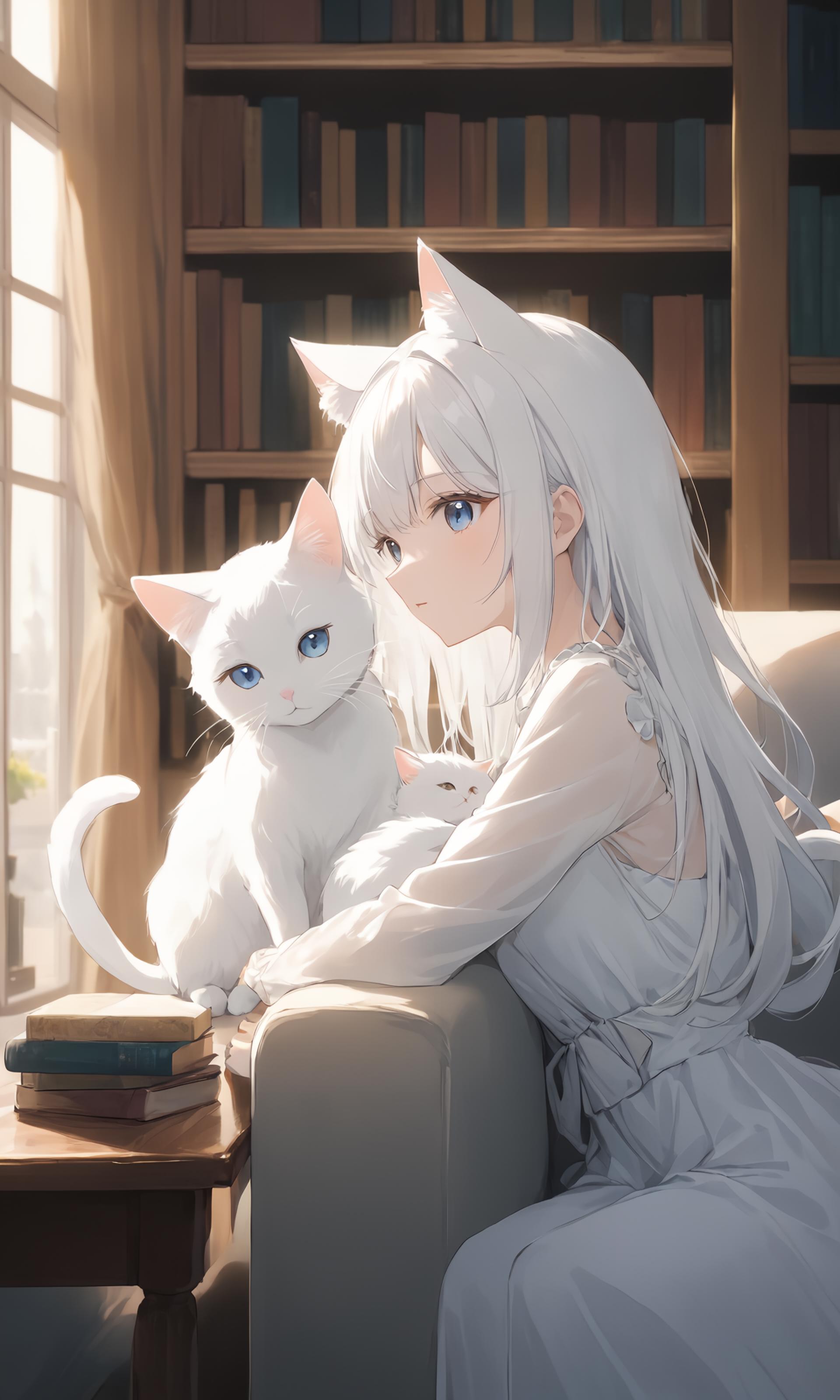Anime girl sitting on a couch with a cat in front of her - SeaArt AI