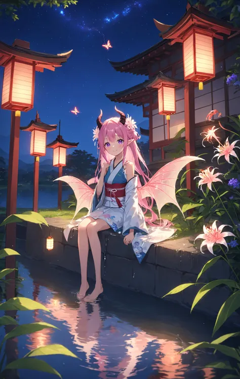 1girl, wings, solo, horns, dragon horns, dragon wings, dragon tail, dragon girl, spider lily, pointy ears, japanese clothes, flower, barefoot, long hair, tree, water, white kimono, sitting, outdoors, wet, night, wet clothes, soaking feet, lantern, bangs, pink flower, purple flower, silver hair, see-through, bare shoulders, looking at viewer, sky, house, blue flower, purple eyes, blush, one side up, bare legs, butterfly, building, wet kimono, night sky, bug, long sleeves, sundress, white flower, blurry, blurry foreground, depth of field, off shoulder, hair between eyes, collarbone, scenery, red flower, reflection, closed mouth, sleeveless, grass, off-shoulder kimono, ripples, lake, star \(sky\), small breasts, paper lantern, half updo, pink hair, long hair, strap slip, plant, artist name, pink butterfly, smile, closed mouth, starry sky, looking away