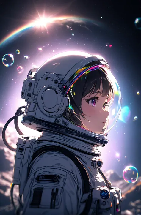 1girl solo (cowboy_shot:1.05) (dutch_angle tilted_horizon:1.2) (fisheye perspective negative_space:0.85) (virtual_youtuber gradient_hair multicolored_eyes:1.1) (depth_of_field extremely_detailed_CG_unity_8k_wallpaper masterpiece best_quality:0.95) lens_refraction diffraction refraction_of_light (foreground_petals_obstructing_view:0.4) (from_afar from_below:1.2) (lens_flare lens_flare_abuse:0.95) (chromatic_aberration chromatic_aberration_abuse:1.3) (cinematic_lighting ray_tracing frontlight sidelight backlight backlighting:0.7) (rim_light:1.2) strong_rim_light (ambient_light volumetric_lighting available_light background_light light_leaks Tyndall_effect moody_lighting metallic_luster:0.8) astronaut space_suit moon_surface lunar_surface white_sand white_ground black_void_sky (outer_space:0.2) (earth_from_space:1.3) iridescent_bubble circle sphere