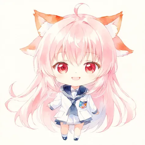 <lora:shuicai:1>,watercolor (medium), 1girl, animal ears, solo, fox ears, wolf girl, long hair, extra ears, uniform, light pink hair, white school uniform, red eyes, smile, hair down, alternate hairstyle,chibi,