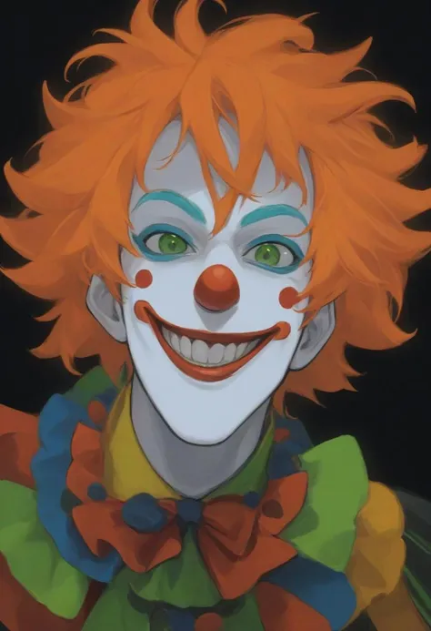 black background (masterpiece: 1.2), 1man, solo, clown, long orange hair with colored strands, green eyes, colorful clown costume, vibrant outfit, clown make up, white face, grinning, vibrant colors
