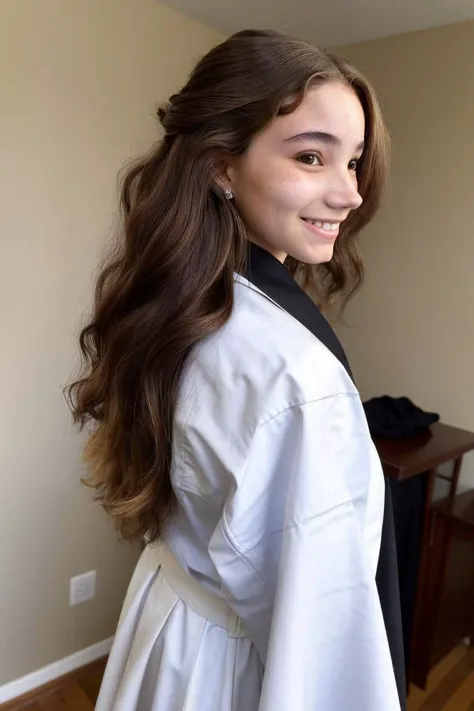 upper body <lora:LauraTaylor_v1:.9> LauraTaylor, focus on smiling face, from behind wearing a cassock , her color primrose hair is styled as twisted half-up hair,