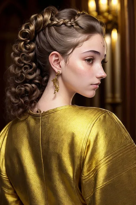 (illuminated manuscript style, medieval, gold leaf, ornate, highly detailed:1.2) headshot <lora:LauraTaylor_v1:.9> LauraTaylor, focus on face, from behind wearing a pant suit , her hair is styled as Curly Crown Braid,