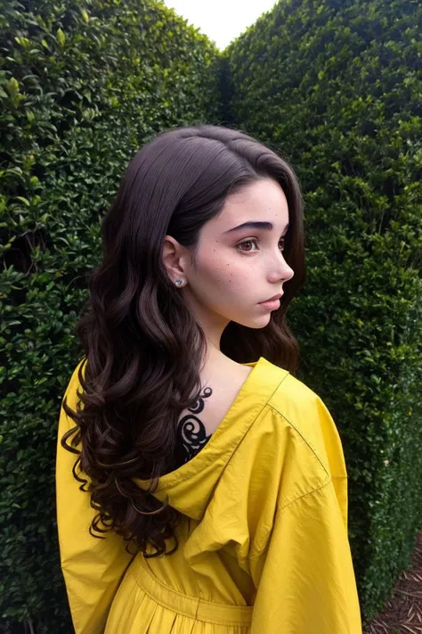 (body art, tattoo style, detailed, inked:1.2) (eye level, closeup on face:1.2) <lora:LauraTaylor_v1:.9> LauraTaylor, from behind,4:: she is wearing yellow raincoat , her hair is styled as Crimped Hair, BREAK she is (wandering a hedge maze:1.1), creative shadow play, 50mm ,sepia tone,Cinestill 800T ,shot on (RED:.6) camera ,