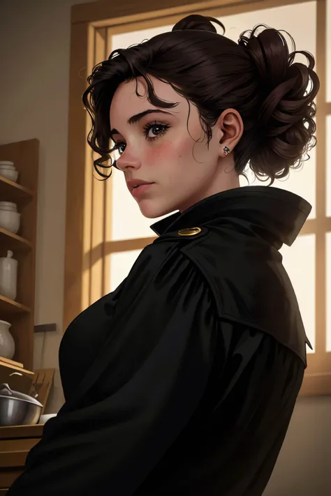 (from below, closeup on face:1.2) of realistic photo of <lora:LauraTaylor_v1:.9> LauraTaylor, side view, she is wearing overcoat , her hair is styled as Curly Twisted Updo, BREAK she is (in the scullery:1.1), dramatic rim lighting, 50mm ,shot on ALEXA 65 ,