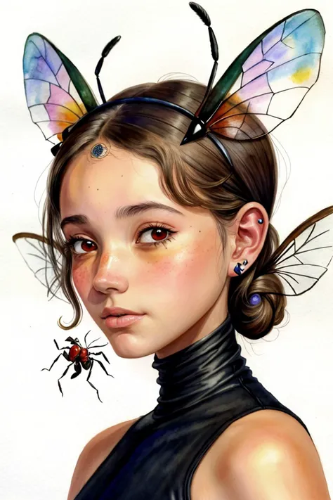 an extremely detailed, intricate watercolor painting of <lora:LauraTaylor_v1:.9> LauraTaylor with ant antenna on her head, she has multifaceted eyes, she has insect wings for ears