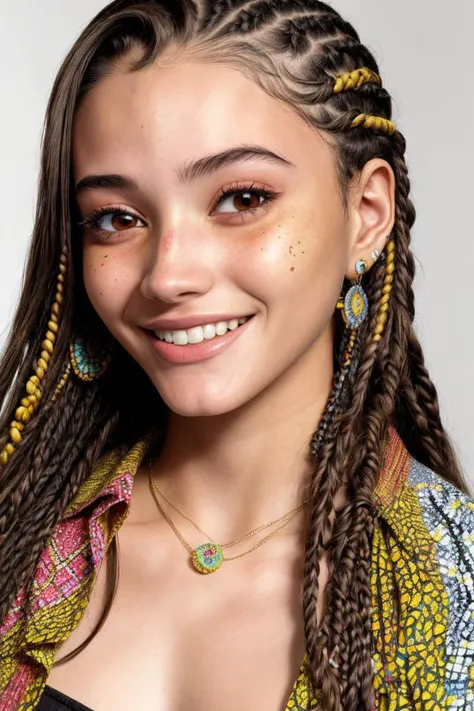 (mosaic style, fragmented, colorful, patterned, highly detailed:1.2) <lora:LauraTaylor_v1:.9> LauraTaylor, focus on eyes, close up on face, huge smile, wearing jewelry, hair styled box braids, black and white,