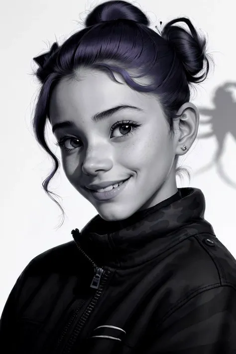 (shadow art style, silhouette, monochrome, contrast, detailed:1.2) headshot <lora:LauraTaylor_v1:.9> LauraTaylor, focus on smiling face, wearing camo , her periwinkle color hair is styled as tucked bun,
