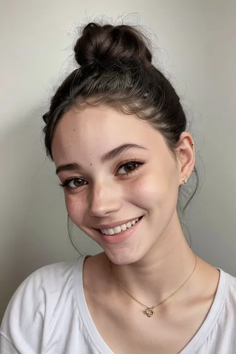 <lora:LauraTaylor_v1:.9> LauraTaylor, focus on eyes, close up on face, laughing, olive green color hair styled Straight Low Twisted Bun, black and white,