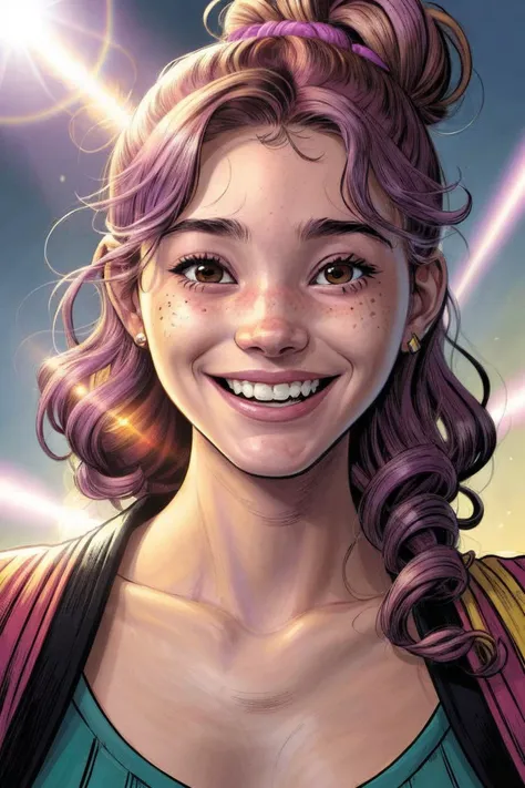 (comic, graphic illustration, comic art, graphic novel art, vibrant, highly detailed:1.2) <lora:LauraTaylor_v1:.9> LauraTaylor, focus on eyes, close up on face, laughing, light violet color hair styled voluminous top knot, lens flare,
