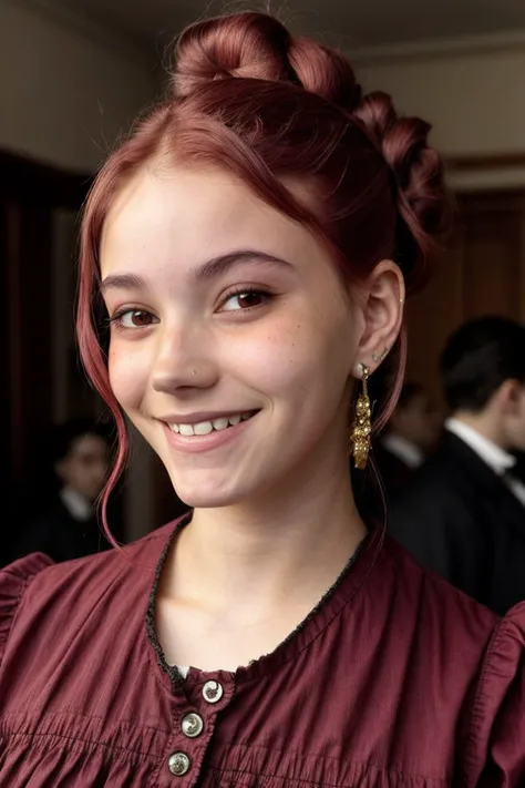 portrait <lora:LauraTaylor_v1:.9> LauraTaylor, focus on smiling face, wearing victorian clothing , her pomegranate color hair is styled as low bun,