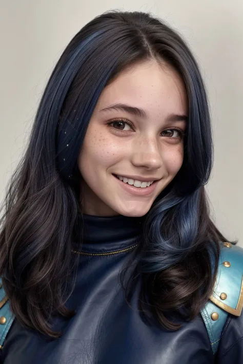 portrait <lora:LauraTaylor_v1:.9> LauraTaylor, focus on smiling face, wearing leather armor , her columbia blue color hair is styled as Straight Side Part,
