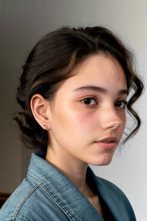 (low angle, closeup on face:1.2) <lora:LauraTaylor_v1:.9> LauraTaylor, from behind,4:: she is wearing kimono skirt, her hair is styled as bouncy curls, BREAK she is (in the staircase:1.1), soft fill lighting, shot on Hasselblad X1D II, fine texture,smooth color gradations , in the style of Tyler Shields