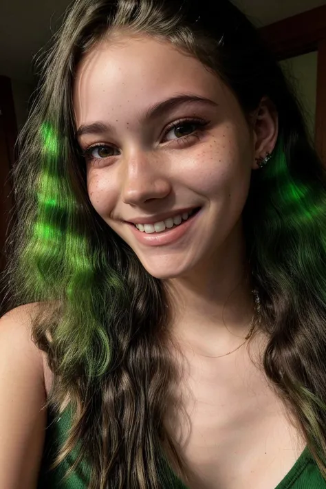 <lora:LauraTaylor_v1:.9> LauraTaylor, focus on eyes, close up on face, grinning, forest green color hair styled Crimped Hair, light beams streaming through haze,