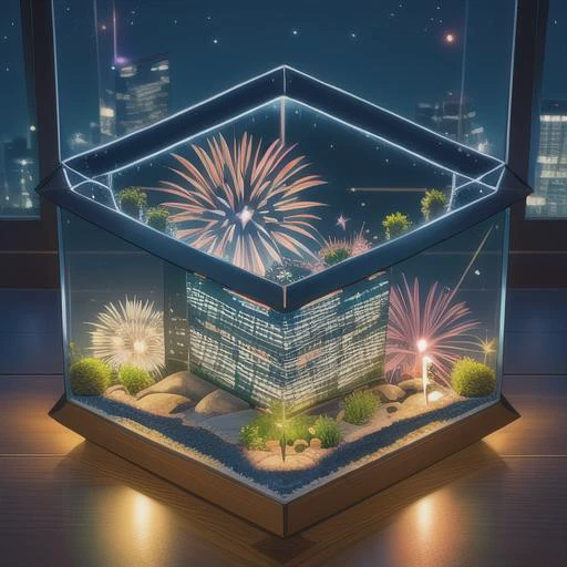 Fireworks illuminating the night sky over a city <lora:Just_In_Case:1> terrarium