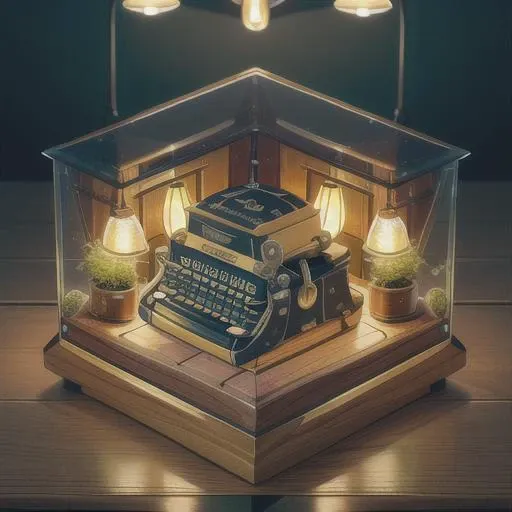 octane rendering of (A vintage typewriter sitting on a weathered oak desk surrounded by stacks of yellowed paper and a flickering antique lamp casting soft shadows in a dimly lit study:1.2) , in a glass display case, oled display, dramatic lighting, octane, micro detail, glow, depth of field, Terrarium, knolling case, knollingcase, <lora:Just_In_Case:1>