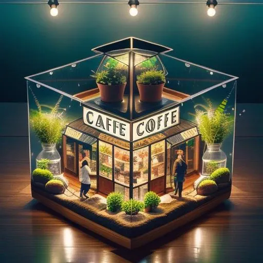 A bustling café on a rainy afternoon, <lora:Just_In_Case:1>, terrarium