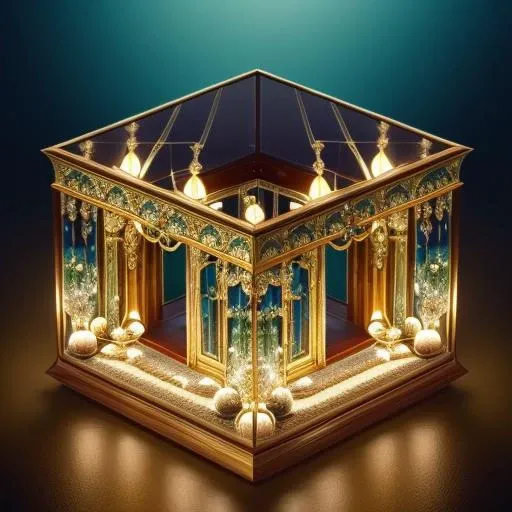 octane rendering of (An ornate antique mirror with gilded edges reflecting the opulent grandeur of a ballroom filled with elegantly dressed dancers twirling under glittering chandeliers the strains of a waltz floating through the air:1.2) , in a glass display case, oled display, dramatic lighting, octane, micro detail, glow, depth of field, Terrarium, knolling case, knollingcase, <lora:Just_In_Case:1>