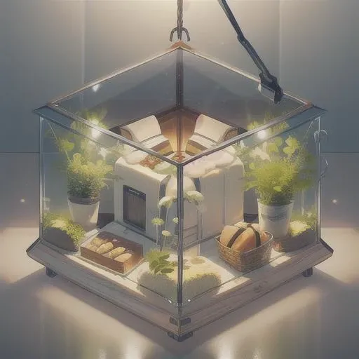 octane rendering of (A sunlit kitchen with whitewashed walls and a farmhouse sink adorned with bundles of fresh herbs and jars of homemade preserves a golden loaf of bread cooling on a wire rack next to a vintage enamel teapot:1.2) , in a glass display case, oled display, dramatic lighting, octane, micro detail, glow, depth of field, Terrarium, knolling case, knollingcase, <lora:Just_In_Case:1>