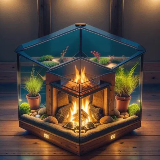 A cozy fireplace in a rustic mountain lodge, <lora:Just_In_Case:1>, terrarium