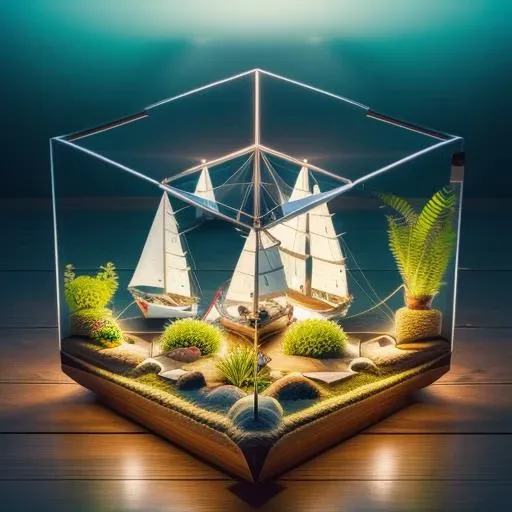 A sailboat gliding across a tranquil bay, <lora:Just_In_Case:1>, terrarium