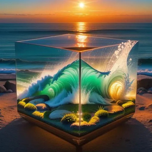 Waves crashing against rugged cliffs at sunset, <lora:Just_In_Case:1>, terrarium