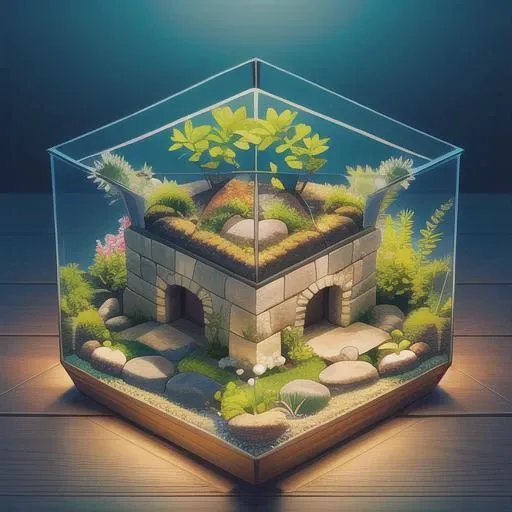 A secret garden hidden behind an old stone wall <lora:Just_In_Case:1> terrarium