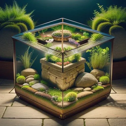 A secret garden hidden behind an old stone wall, <lora:Just_In_Case:1>, terrarium
