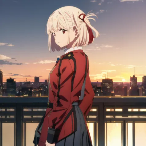 high quality, best quality, masterpiece, absurdres, chisato nishikigi, uniform, 1girl, <lora:chisato:0.9>, rooftop, looking_to_side, red_jacket, sunset