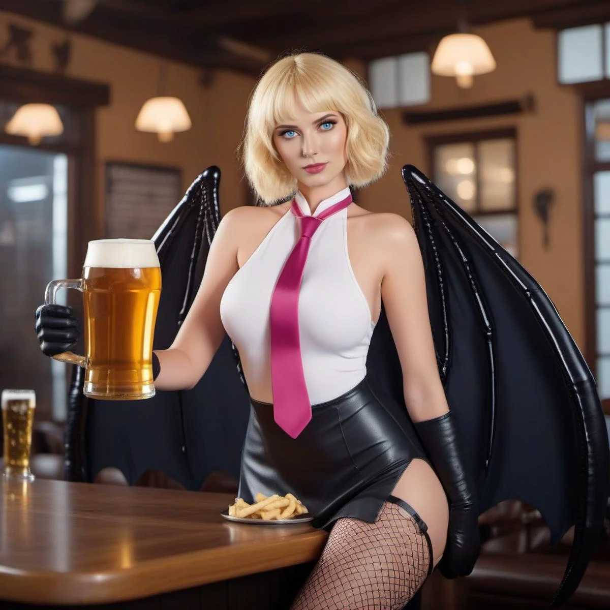 cinematic photo a full body woman, short blonde hair, blue eyes, gloves, necktie, wings, large breast, fishnet, having a beer in a pub <lora:Stussy1024:0.8> . 35mm photograph, film, bokeh, professional, 4k, highly detailed