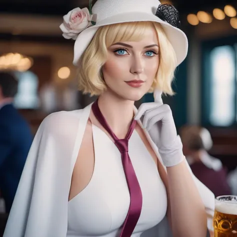 cinematic photo a woman, short blonde hair,  blue eyes, gloves, necktie, white dress, hat flower, handbag, large breast, having a beer in a pub  <lora:Stussy1024:0.8> . 35mm photograph, film, bokeh, professional, 4k, highly detailed