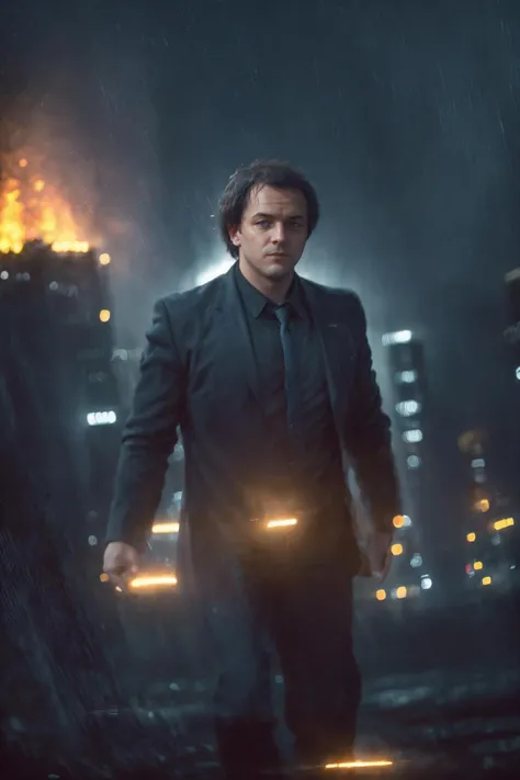 Photo, photorealistic, ultra realistic, maximum detail, jmil, black jacket, blue shirt, (looking at viewer:1.3), (solo:1.2), 1man, upper body, dynamic pose, walking,  cityscape, (fire, lights:1.2) 
<lora:Jmil:0.8>
<lora:add_detail:0.6>  
<lora:BF4Color:1>, (cinematic look:1.4), soothing tones, insane details, intricate details, hyperdetailed, low contrast, soft cinematic light, dim colors, exposure blend, hdr, faded, slate gray atmosphere, foreground focus, epicurious, instagram, 8k, volumetric light, cinematic, octane render, uplight, no blur, depth of field, dof, bokeh