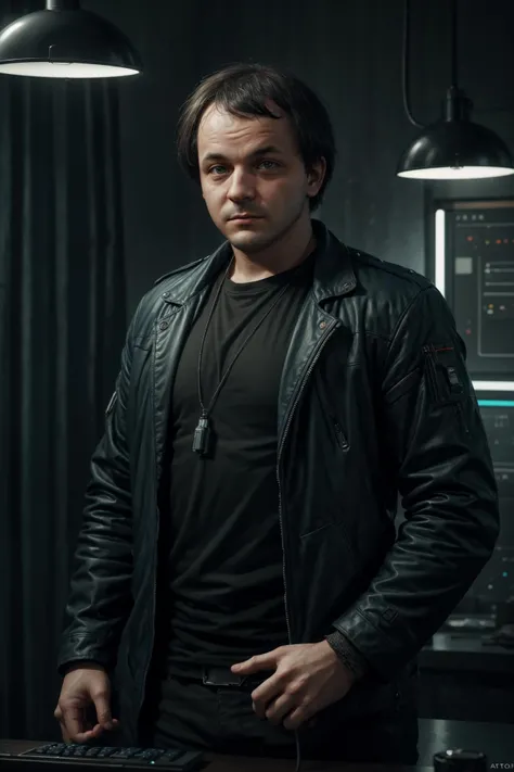 (dark shot:1.1), epic realistic, ((masterpiece, best quality, high quality, highres, ultra-detailed)), jmil, (looking at viewer:1.3), (solo:1.2), 1man, oldman, upper body, blue jacket, black t-shirt, cyborg,
cyberpunk, science fiction, futuristic, (neon lights:1.2), hacker, computers
<lora:Jmil:0.8>
<lora:add_detail:0.6>, faded, (neutral colors:1.2), (hdr:1.4), (muted colors:1.2), hyperdetailed, (artstation:1.4), cinematic, warm lights, dramatic light, (intricate details:1.1), complex background, (rutkowski:0.66), (teal and orange:0.4)