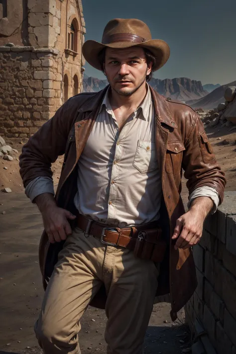 ((masterpiece, best quality, high quality, highres, ultra-detailed)), jmil, (looking at viewer:1.3), (solo:1.2), 1man, oldman, (indiana jones:1.2), epic pose,
(brown lather jacket:1.2), lather jacket, white shirt, (strap:1.1), (felt hat:1.2), (white pants:0.9), (shoulder bag:1.1), whip, gun belt
(desert:1.2), sand, outdoors,
<lora:Jmil:0.8>
<lora:epi_noiseoffset2:1>
<lora:add_detail:0.7>, (cinematic look:1.4), soothing tones, insane details, intricate details, hyperdetailed, low contrast, soft cinematic light, dim colors, exposure blend, hdr, faded, slate gray atmosphere