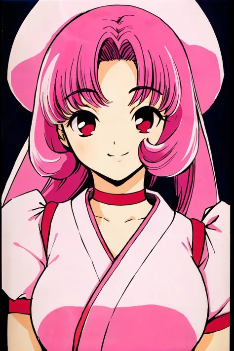 <lora:Chobits:0.75> (sumomo:1.2),puffy dress, pink hair, hat, ponytale, short sleeves,choker, pink eyes,
(best quality, masterpiece, RAW photo,ultra-detailed:1.2), <lyco:GoodHands-beta2:1.0>,1girl,solo,looking at viewer,smile