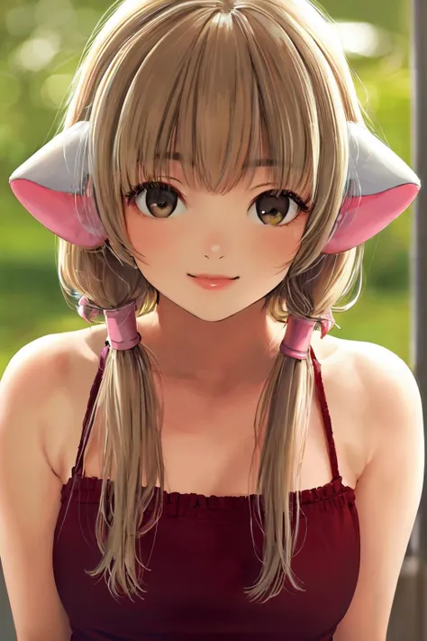 <lora:Chobits:0.7>CHII,robot ears,bare shoulders, blonde hair,
(best quality, masterpiece, RAW photo,ultra-detailed:1.2), <lyco:GoodHands-beta2:1.0>,1girl,solo,looking at viewer,smile