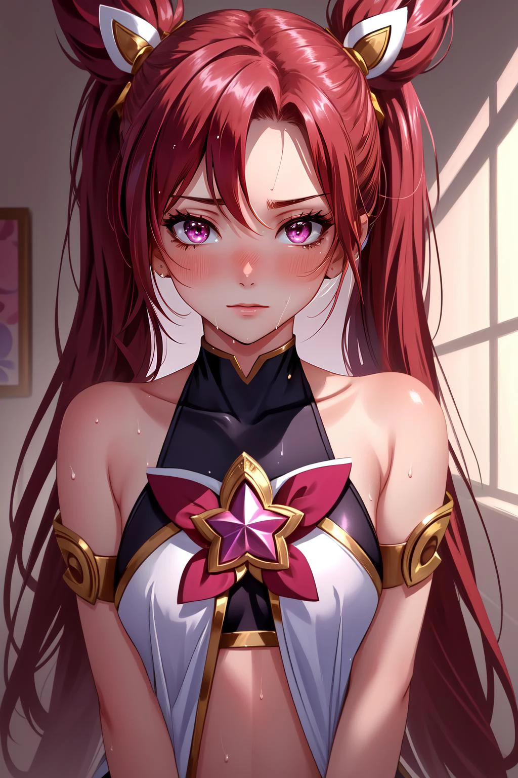 (masterpiece, best quality), intricate details,
1girl, <lora:jinx_v1:0.8> starguardian outfit, small breasts, pink eyes,
sweating, boob sweat, blushing,