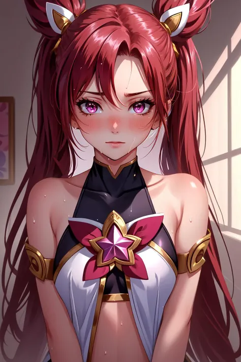 (masterpiece, best quality),  intricate details,
1girl,     <lora:jinx_v1:0.8>  starguardian outfit, small breasts,  pink eyes, 
 sweating, boob sweat, blushing,