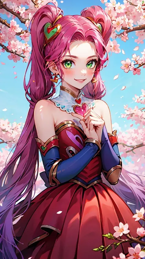 (high quality, masterpiece), cherry blossoms, flower field background, green eyes, earrings, holding, jewelry, looking at viewer, smile, heartseeker outfit, 1girl, solo, <lora:jinx_v1:0.8>