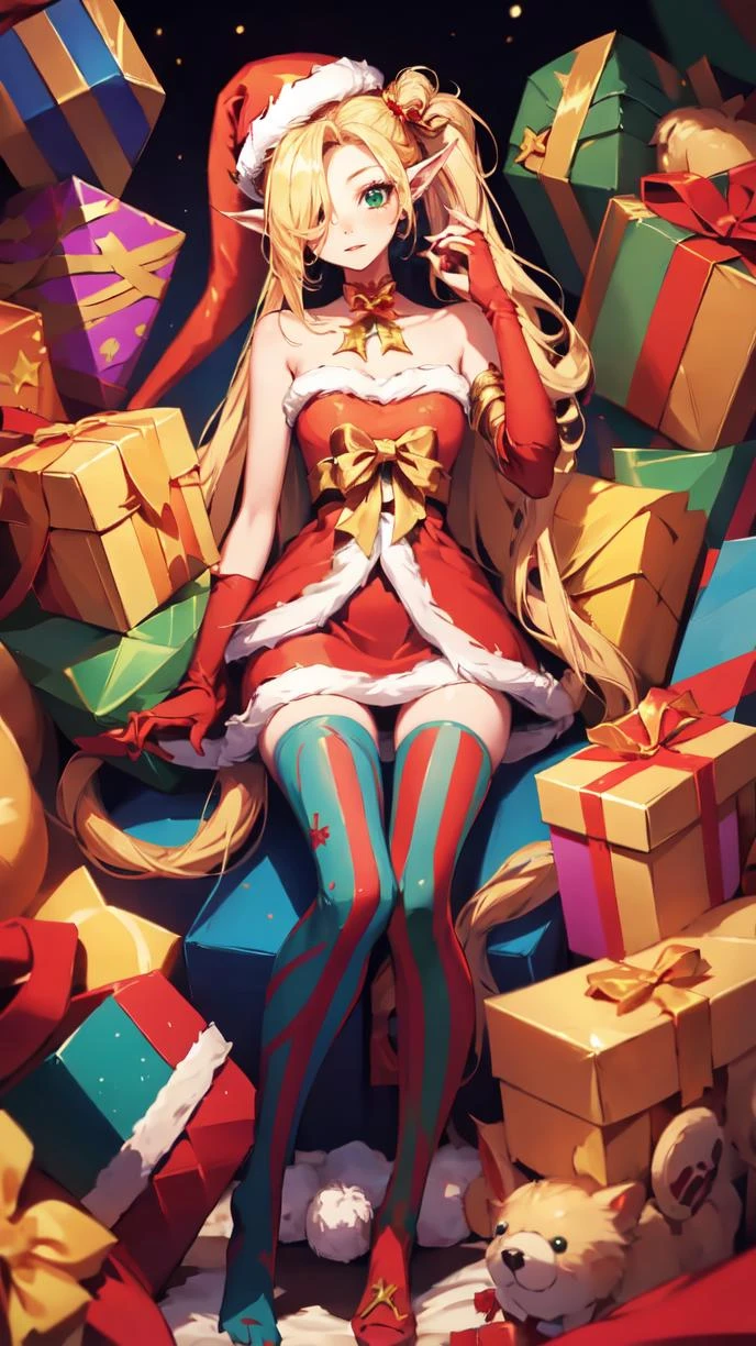 (high quality, masterpiece), candy cane, gift box, christmas tree, stuffed toy, hair over one eye, head tilt, striped thighhighs, ambitious elf outfit, 1girl, solo, <lora:jinx_v1:1>