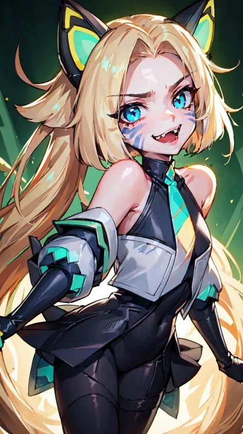 (high quality, masterpiece), fang, looking at viewer, sharp teeth, facial mark, backlighting, black legwear, batt cat outfit, 1girl, solo, <lora:jinx_v1:1>